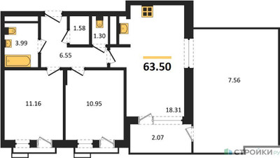 Планировка двухкомнатной(квартира) площадью 63.5 квадратных метров в ЖК “ЖК Равновесие”