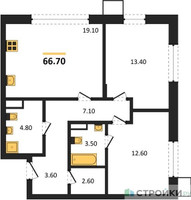 Планировка двухкомнатной(квартира) площадью 66.7 квадратных метров в “ЖК Резиденции Сколково”
