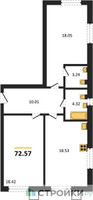 Планировка двухкомнатной(квартира) площадью 72.57 квадратных метров в “ЖК Бархат”