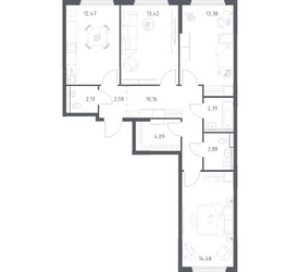 Планировка трехкомнатной(квартира) площадью 78.38 квадратных метров в ЖК “ЖК Пригород Лесное”