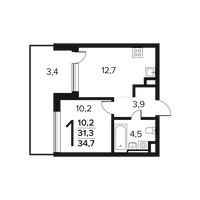 Планировка однокомнатной(квартира) площадью 34.7 квадратных метров в “Новые Ватутинки. Заречный”