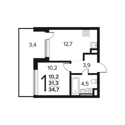 Планировка однокомнатной(квартира) площадью 34.7 квадратных метров в ЖК “Новые Ватутинки. Заречный”