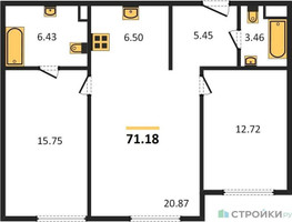Планировка двухкомнатной(квартира) площадью 71.18 квадратных метров в “Квартал Foriver”