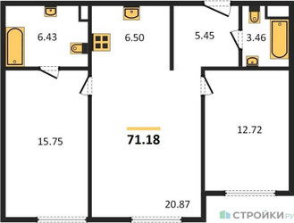 Планировка двухкомнатной(квартира) площадью 71.18 квадратных метров в ЖК “Квартал Foriver”