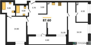 Планировка двухкомнатной(квартира) площадью 87.6 квадратных метров в “ЖК STONE Rise (Райз)”