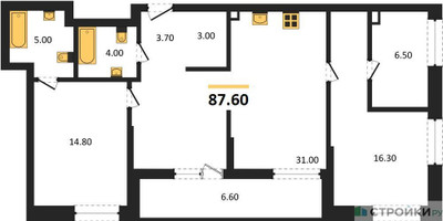 Планировка двухкомнатной(квартира) площадью 87.6 квадратных метров в ЖК “ЖК STONE Rise (Райз)”