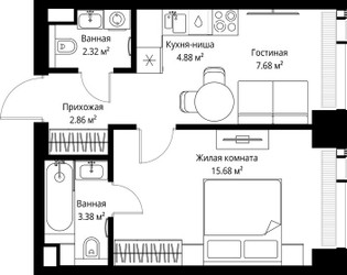 Планировка однокомнатной(квартира) площадью 36.8 квадратных метров в ЖК “ЖК Веер”