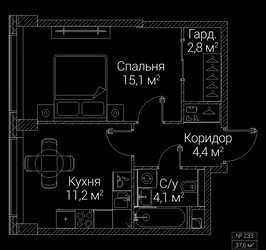 Планировка однокомнатной(квартира) площадью 37.6 квадратных метров в ЖК “ЖК СЕЗАР БУДУЩЕЕ”