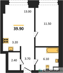 Планировка однокомнатной(квартира) площадью 39.9 квадратных метров в ЖК “ЖК Upside Towers (Апсайд Тауэрс)”