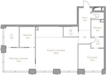 Планировка двухкомнатной(квартира) площадью 101.1 квадратных метров в ЖК “ЖК Коллекция Лужники”
