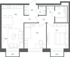 Планировка трехкомнатной(квартира) площадью 58.3 квадратных метров в “ЖК Равновесие”