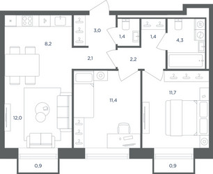Планировка трехкомнатной(квартира) площадью 58.3 квадратных метров в ЖК “ЖК Равновесие”