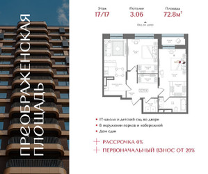 Планировка двухкомнатной(квартира) площадью 72.8 квадратных метров в ЖК “ЖК Преображенская Площадь”