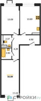 Планировка двухкомнатной(квартира) площадью 56.84 квадратных метров в “ЖК Прибрежный Парк”