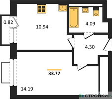 Планировка однокомнатной(квартира) площадью 33.77 квадратных метров в “ЖК Новое Видное”