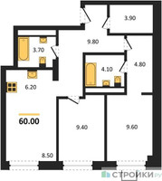 Планировка двухкомнатной(квартира) площадью 60 квадратных метров в “ЖК Новые смыслы”