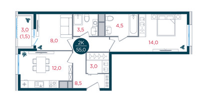 Планировка двухкомнатной(квартира) площадью 55 квадратных метров в ЖК “ЖК РУСИЧ-Кантемировский”