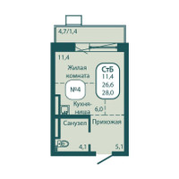 Планировка однокомнатной(квартира) площадью 28 квадратных метров в “ЖК Андреевка Life (Андреевка Лайф)”