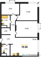Планировка трехкомнатной(квартира) площадью 79.9 квадратных метров в “Лесная Коллекция”