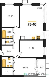 Планировка трехкомнатной(квартира) площадью 76.4 квадратных метров в ЖК “ЖК Квартал Тетрис”