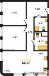 Планировка двухкомнатной(квартира) площадью 64.4 квадратных метров в ЖК “ЖК STONE Sokolniki (Сокольники)”