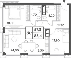 Планировка трехкомнатной(квартира) площадью 85.4 квадратных метров в “ЖК Will Towers (Вилл Тауэрс)”