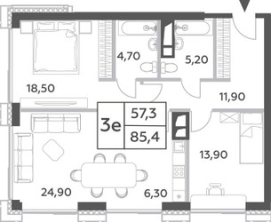 Планировка трехкомнатной(квартира) площадью 85.4 квадратных метров в ЖК “ЖК Will Towers (Вилл Тауэрс)”