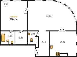 Планировка двухкомнатной(квартира) площадью 85.7 квадратных метров в ЖК “ЖК Sky View (Скай Вью)”
