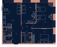 Планировка 4+ комнатной(квартира) площадью 94.8 квадратных метров в “ЖК Era (Эра)”