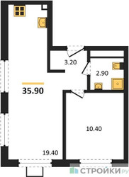 Планировка однокомнатной(квартира) площадью 35.9 квадратных метров в ЖК “ЖК Лучи-2”