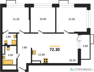 Планировка трехкомнатной(квартира) площадью 72.3 квадратных метров в “ЖК Скандинавия”