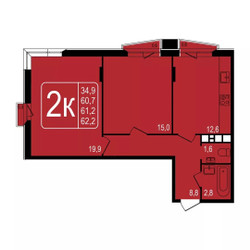 Планировка трехкомнатной(квартира) площадью 60.5 квадратных метров в ЖК “ЖК Фрунзенский”