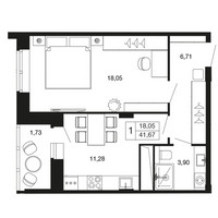 Планировка однокомнатной(квартира) площадью 41.7 квадратных метров в “ЖК Времена года”