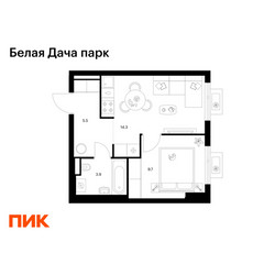 Планировка однокомнатной(квартира) площадью 33.4 квадратных метров в ЖК “ЖК Белая Дача парк”