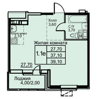 Планировка однокомнатной(апартаменты) площадью 39.1 квадратных метров в “ЖК Кашинцево”