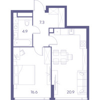 Планировка однокомнатной(квартира) площадью 49.7 квадратных метров в “ЖК THE LOT by Akvilon”