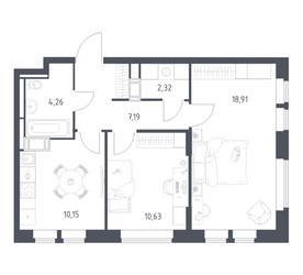 Планировка двухкомнатной(квартира) площадью 53.46 квадратных метров в ЖК “ЖК Большое Путилково”