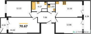 Планировка трехкомнатной(квартира) площадью 70.67 квадратных метров в “ЖК Светлый мир БиоПолис”