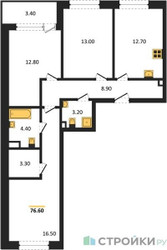 Планировка трехкомнатной(квартира) площадью 76.5 квадратных метров в ЖК “Жилые кварталы Белый Град”