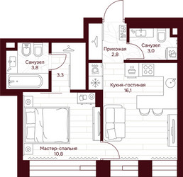 Планировка однокомнатной(квартира) площадью 39.8 квадратных метров в ЖК “ЖК Дом 7 Даниловский”