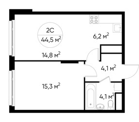 Планировка двухкомнатной(квартира) площадью 44.5 квадратных метров в ЖК “ЖК Переделкино Ближнее”