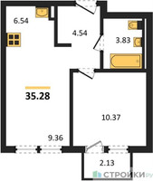 Планировка однокомнатной(квартира) площадью 35.28 квадратных метров в “ЖК Остафьево”