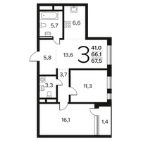 Планировка трехкомнатной(квартира) площадью 67.5 квадратных метров в “Новые Ватутинки. Заречный”