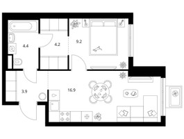 Планировка однокомнатной(квартира) площадью 38.6 квадратных метров в “ЖК Кавказский бульвар 51”