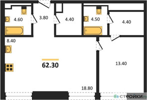Планировка однокомнатной(квартира) площадью 62.3 квадратных метров в “ЖК INJOY (Инджой)”