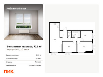 Планировка трехкомнатной(квартира) площадью 72.6 квадратных метров в ЖК “ЖК Люблинский парк”