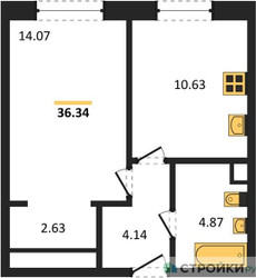 Планировка однокомнатной(квартира) площадью 36.34 квадратных метров в ЖК “ЖК Одинбург”