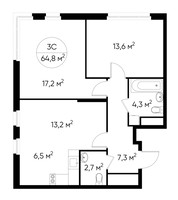 Планировка трехкомнатной(квартира) площадью 64.8 квадратных метров в “ЖК Переделкино Ближнее”