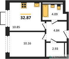 Планировка однокомнатной(квартира) площадью 32.87 квадратных метров в “ЖК Новое Видное”
