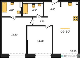 Планировка двухкомнатной(квартира) площадью 65.3 квадратных метров в “ЖК STONE Rise (Райз)”